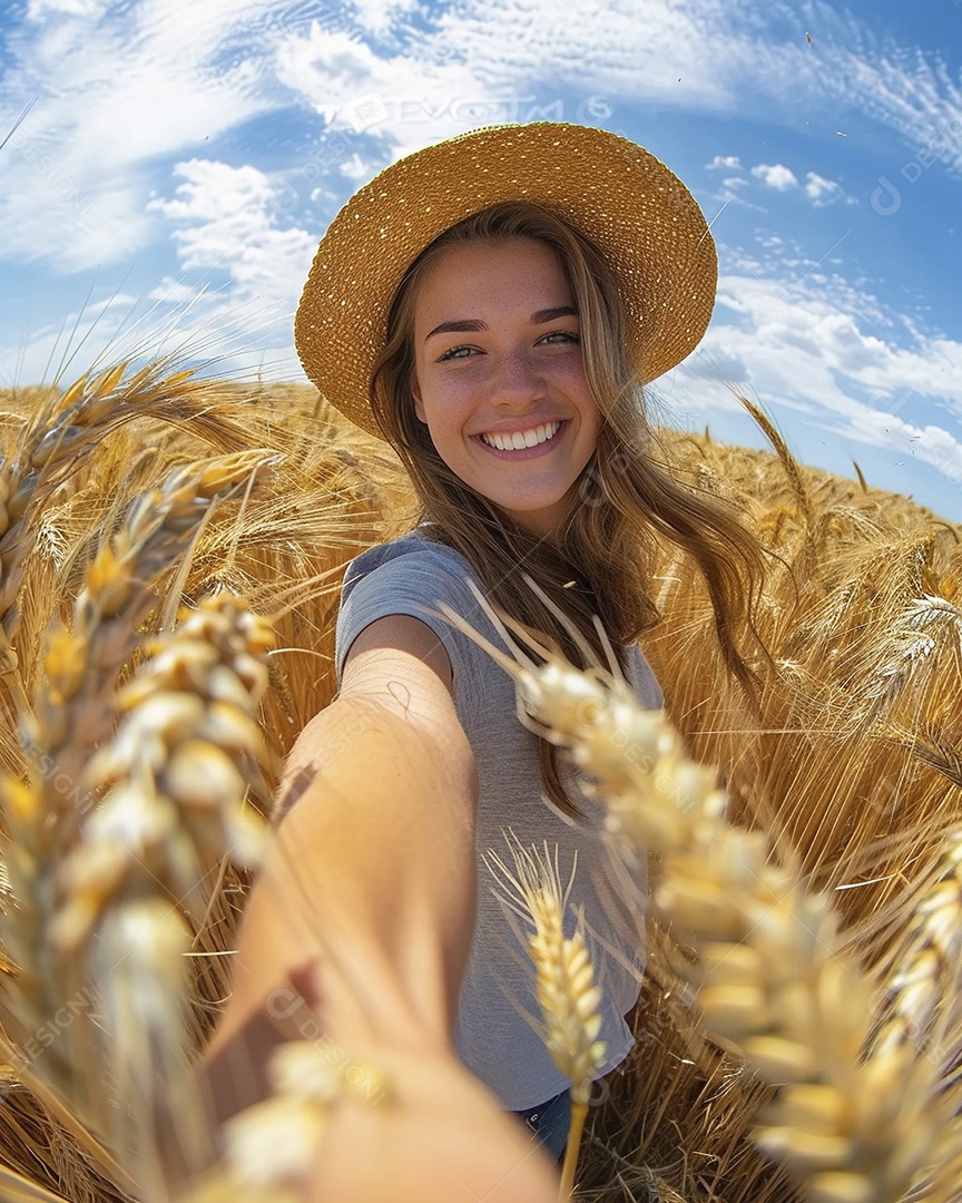 Uma mulher fazendeira está em um campo de trigo dourado