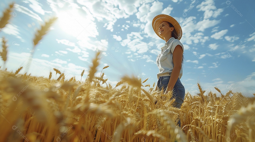 Uma mulher fazendeira está em um campo de trigo dourado