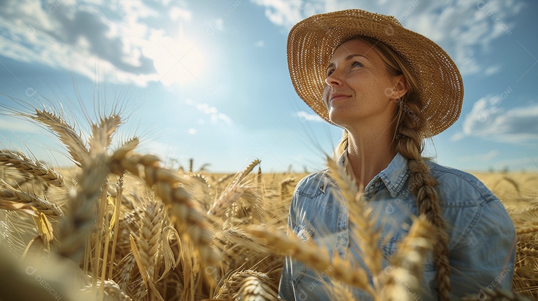 Uma mulher fazendeira está em um campo de trigo dourado
