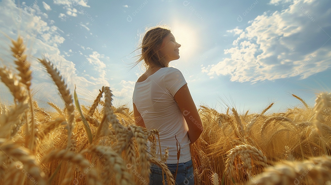 Uma mulher fazendeira está em um campo de trigo dourado