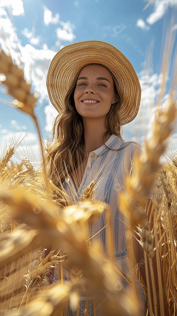 Uma mulher fazendeira está em um campo de trigo dourado