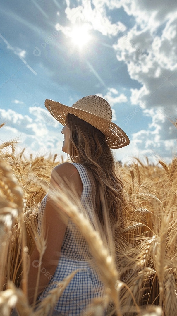 Uma mulher fazendeira está em um campo de trigo dourado