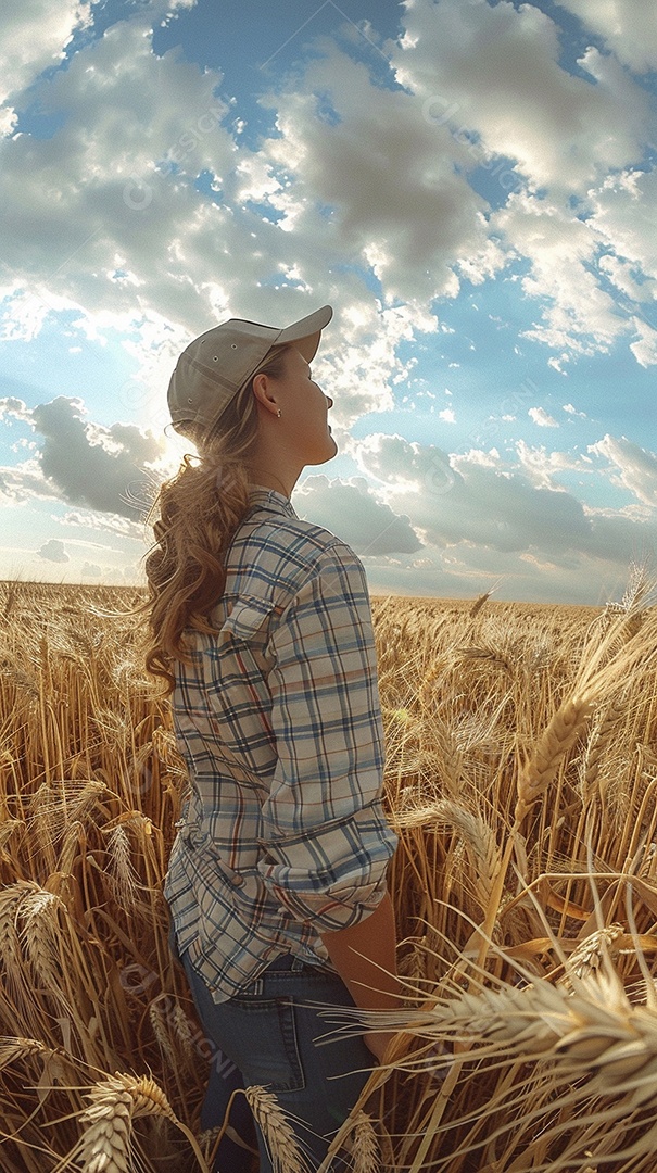 Uma mulher fazendeira está em um campo de trigo dourado