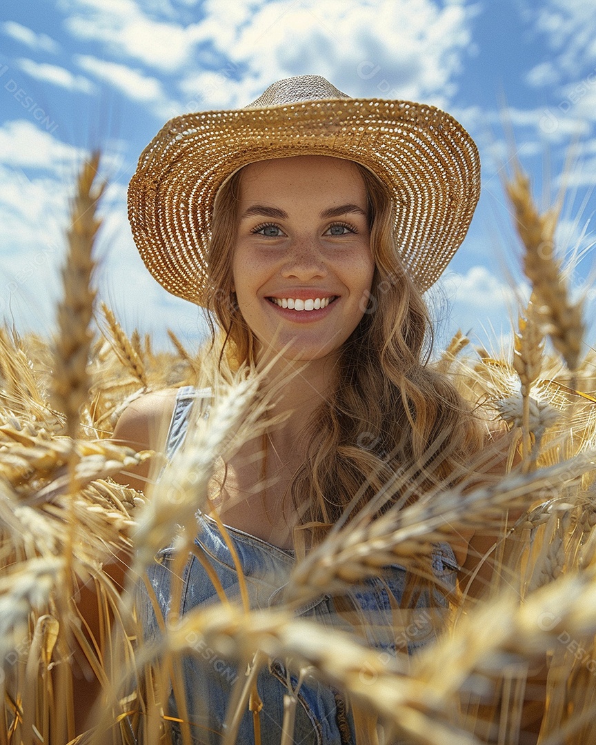 Uma mulher fazendeira está em um campo de trigo dourado