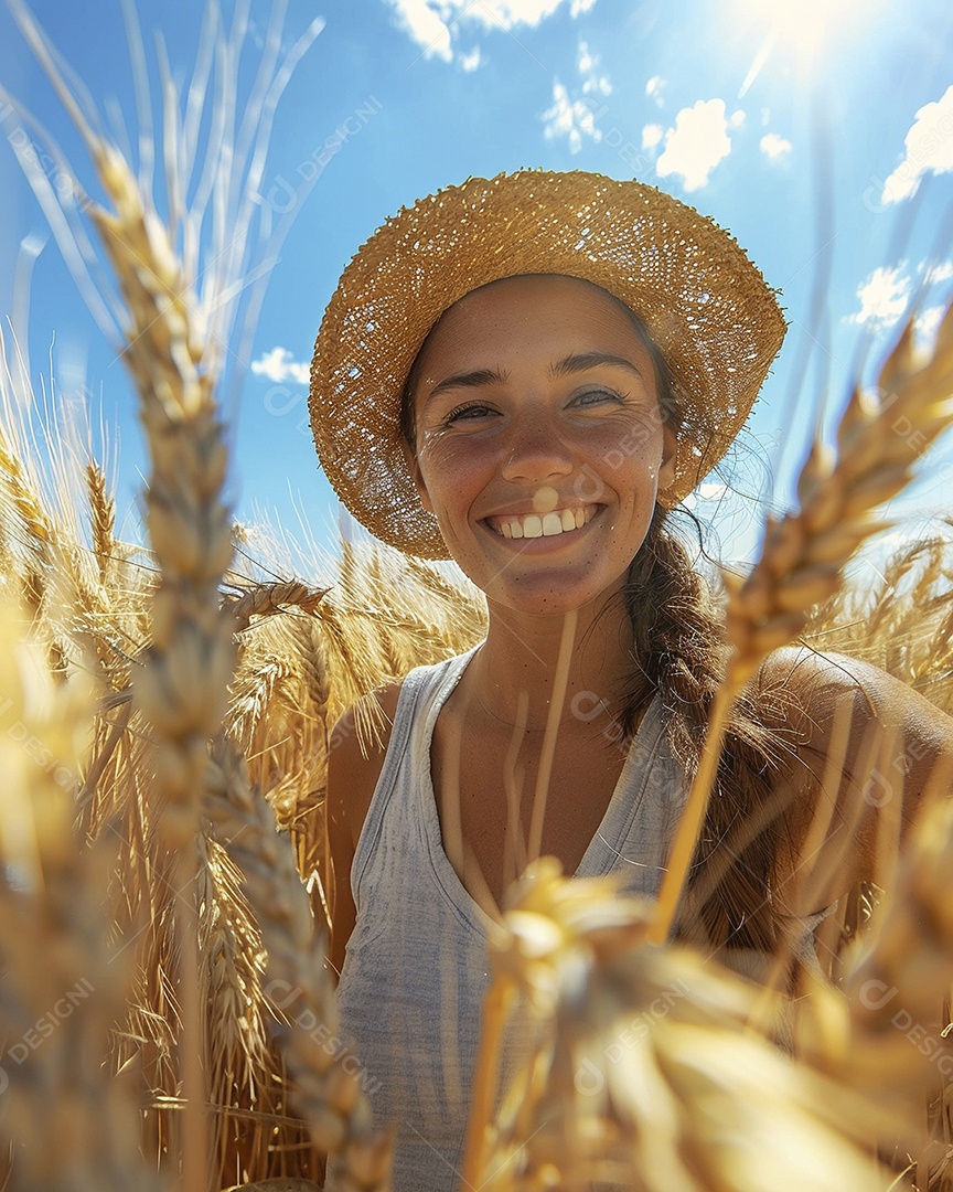 Uma mulher fazendeira está em um campo de trigo dourado