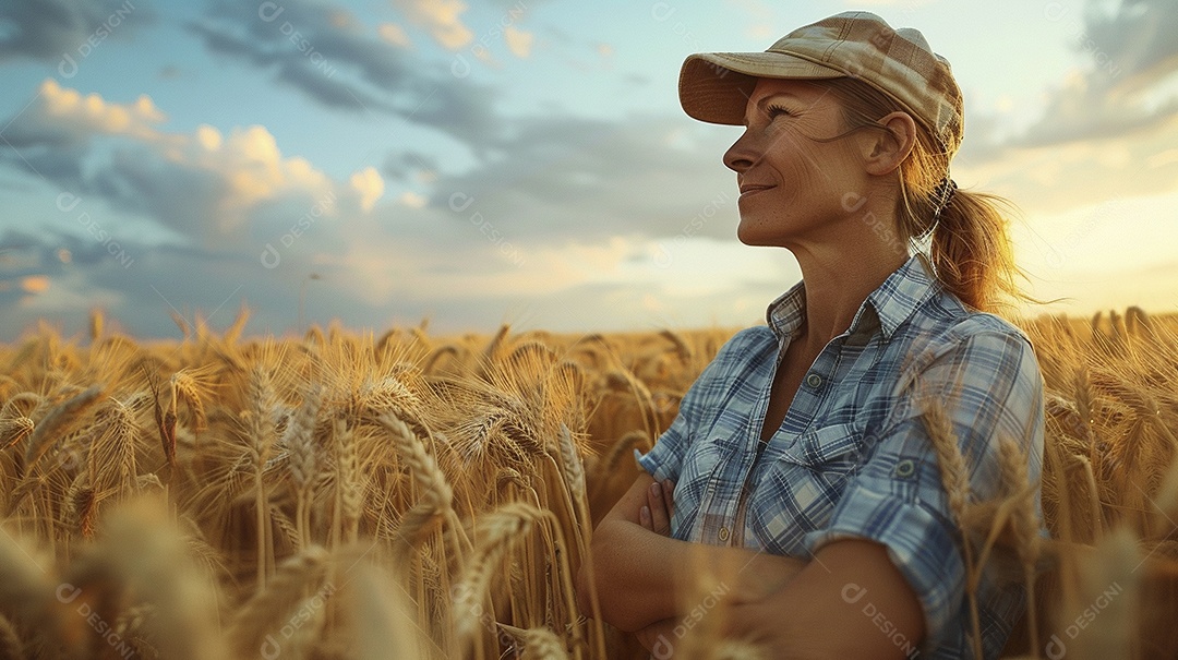 Uma mulher fazendeira está em um campo de trigo dourado