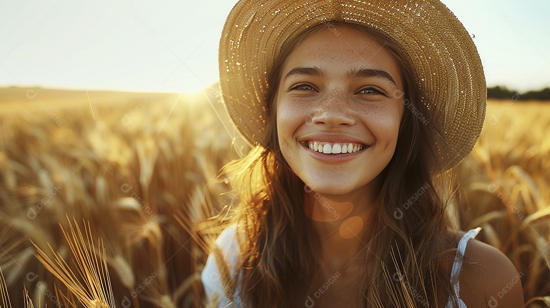 Uma mulher fazendeira está em um campo de trigo dourado