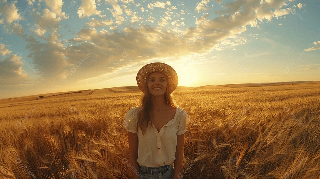 Uma mulher fazendeira está em um campo de trigo dourado