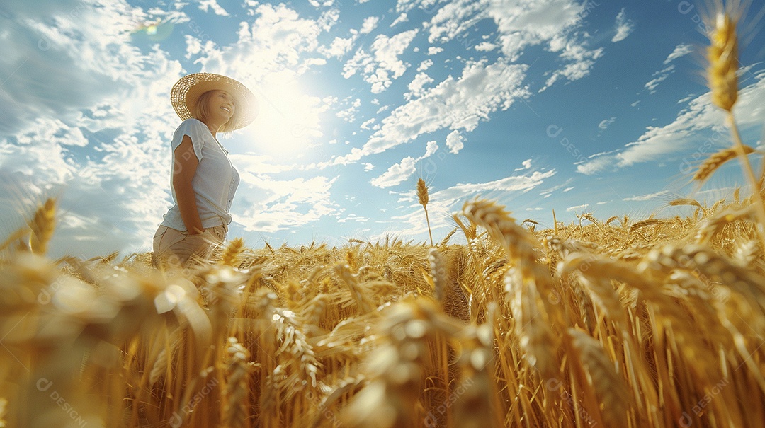 Uma mulher fazendeira está em um campo de trigo dourado