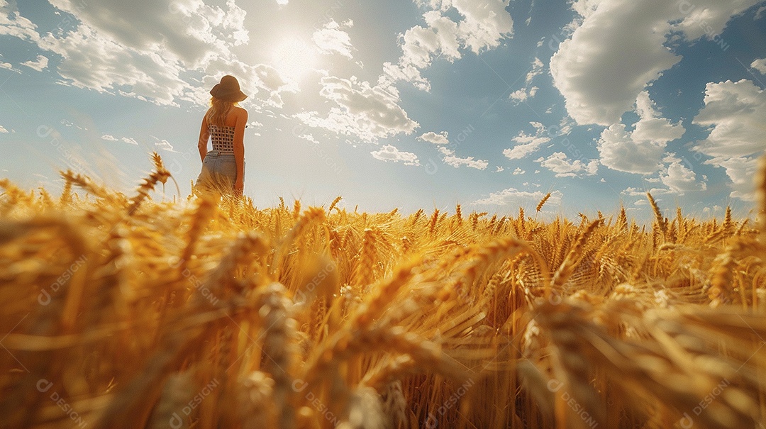 Uma mulher fazendeira está em um campo de trigo dourado