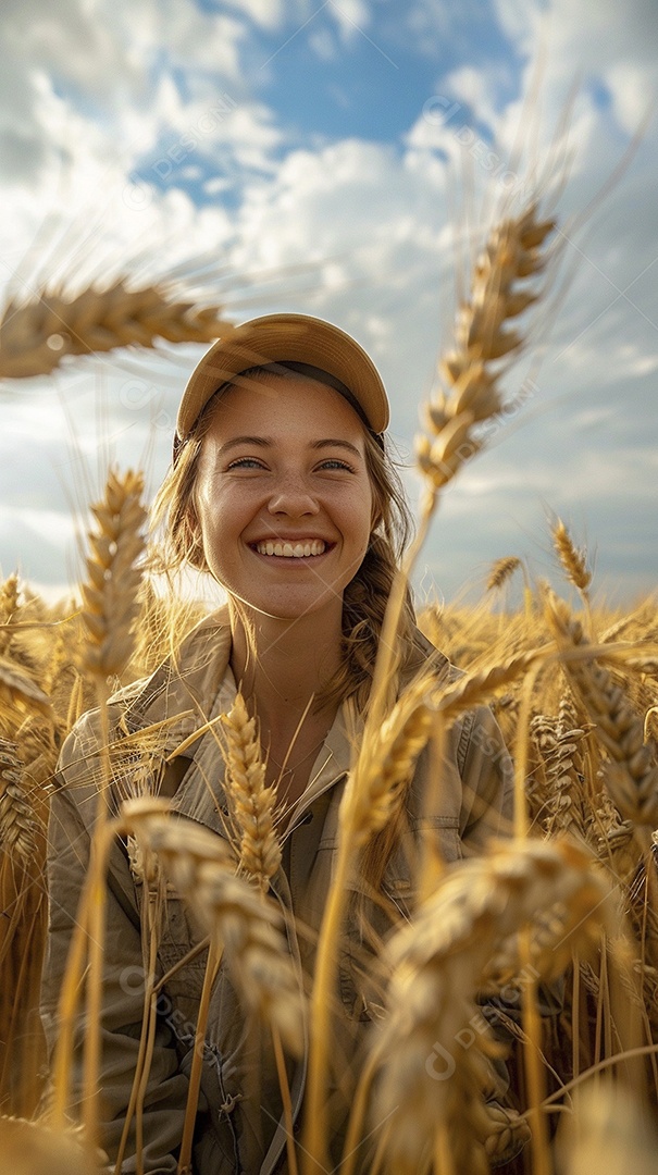 Uma mulher fazendeira está em um campo de trigo dourado