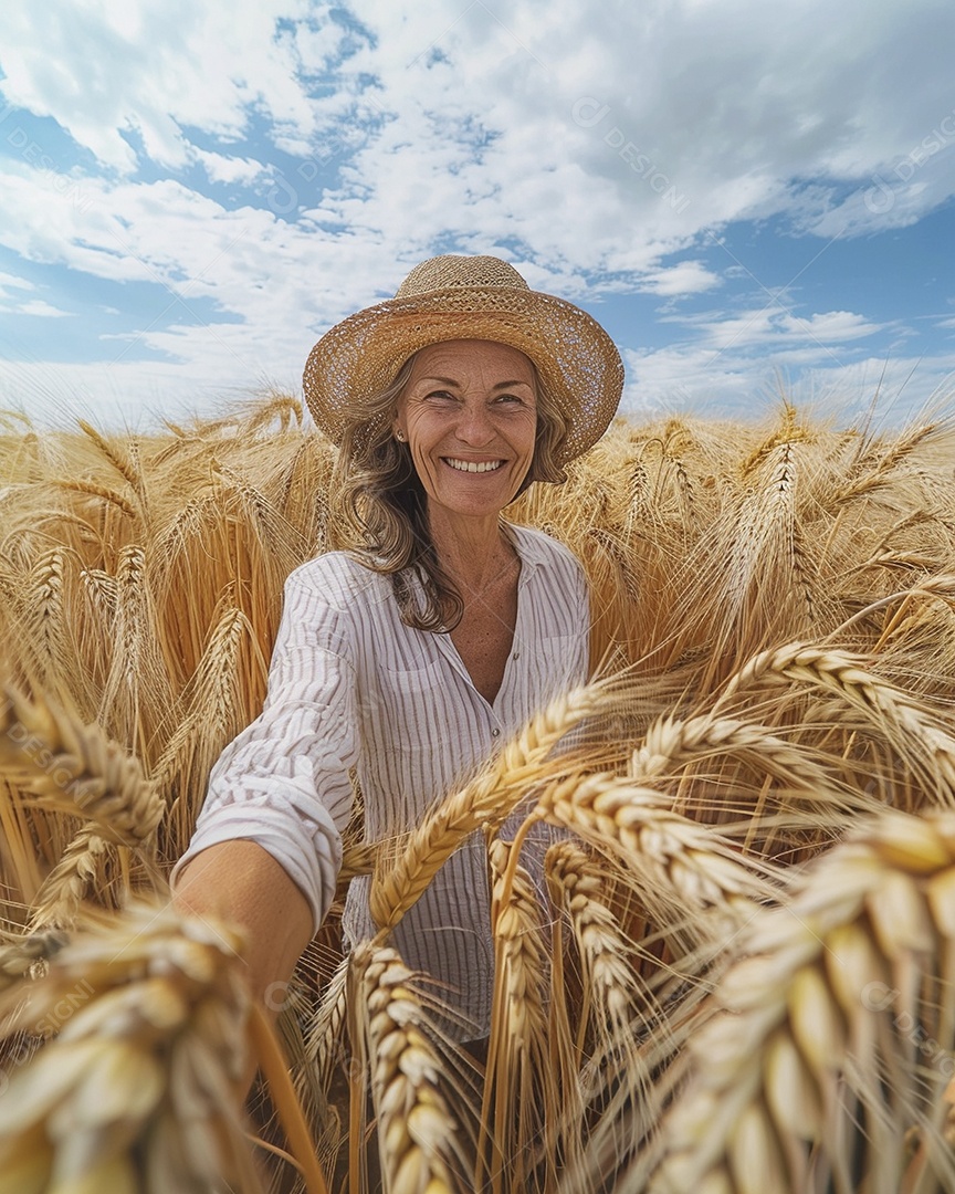 Uma mulher fazendeira está em um campo de trigo dourado