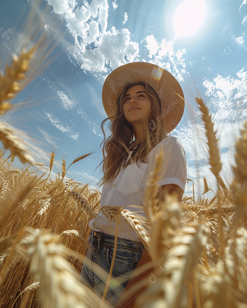 Uma mulher fazendeira está em um campo de trigo dourado