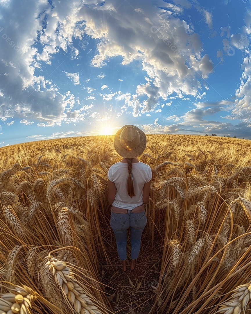 Uma mulher fazendeira está em um campo de trigo dourado
