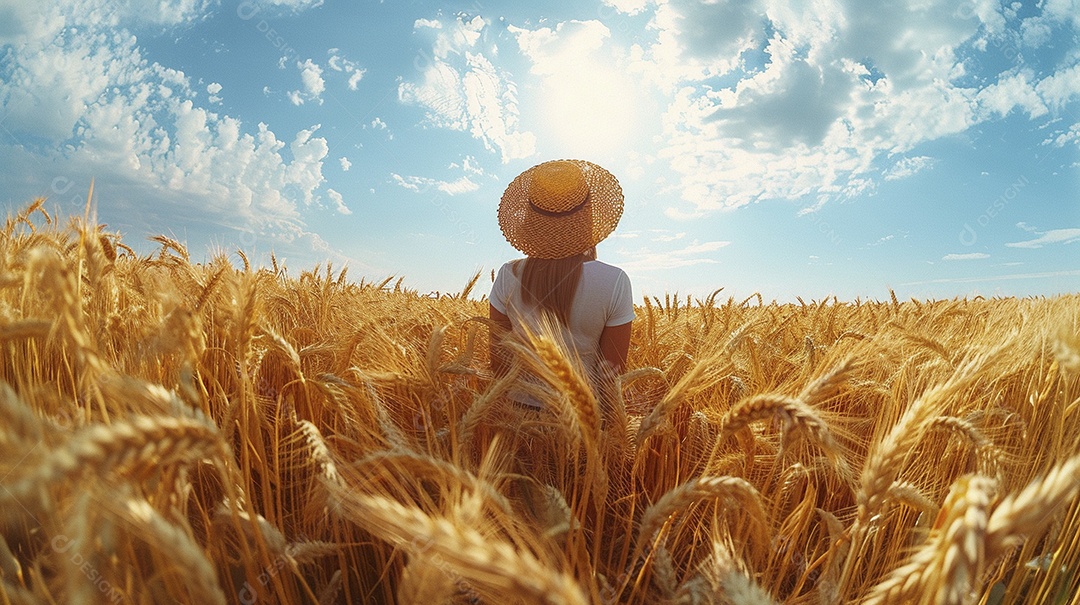 Uma mulher fazendeira está em um campo de trigo dourado