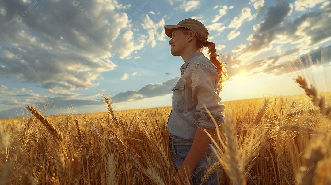 Uma mulher fazendeira está em um campo de trigo dourado