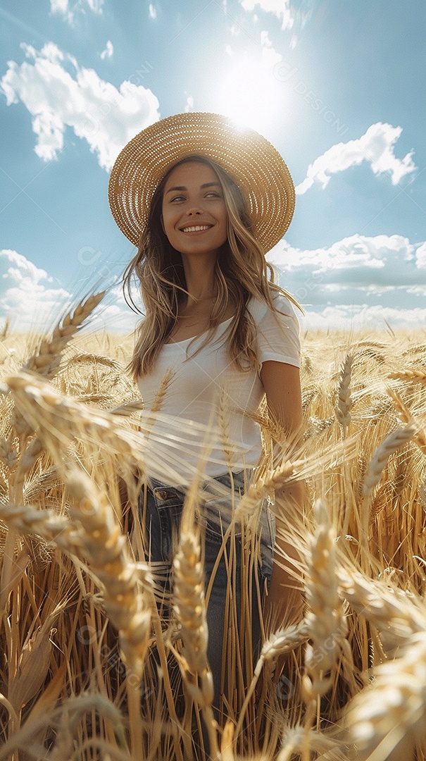 Uma mulher fazendeira está em um campo de trigo dourado
