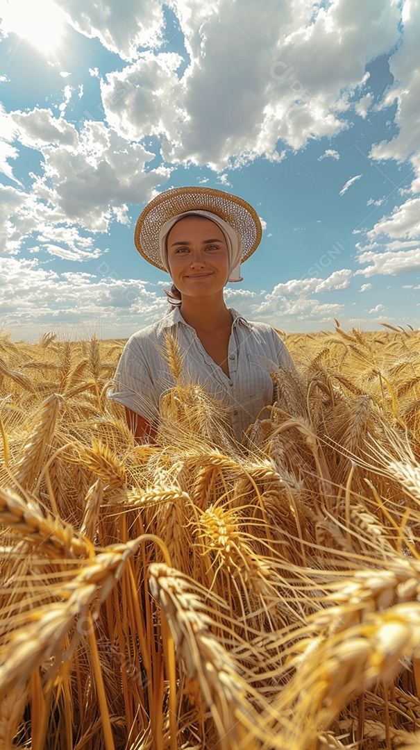 Uma mulher fazendeira está em um campo de trigo dourado