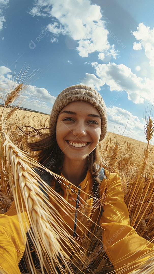 Uma mulher fazendeira está em um campo de trigo dourado