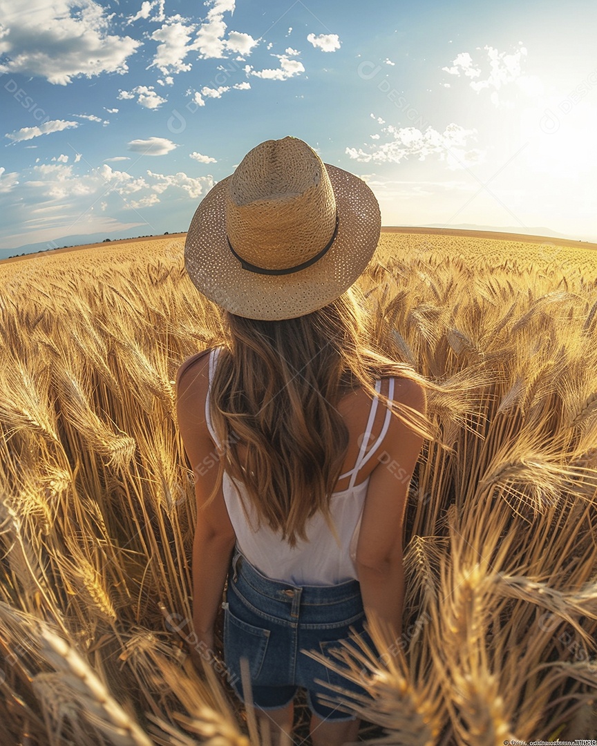 Uma mulher fazendeira está em um campo de trigo dourado