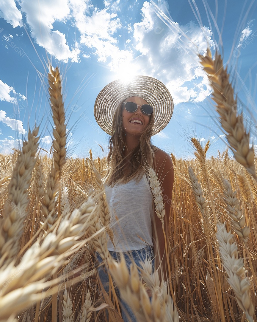 Uma mulher fazendeira está em um campo de trigo dourado