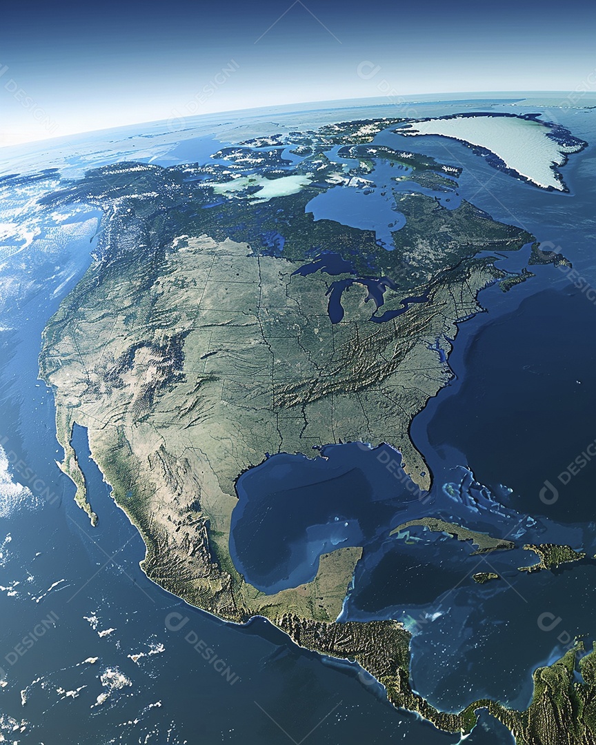 Uma imagem aérea do continente da América do Norte