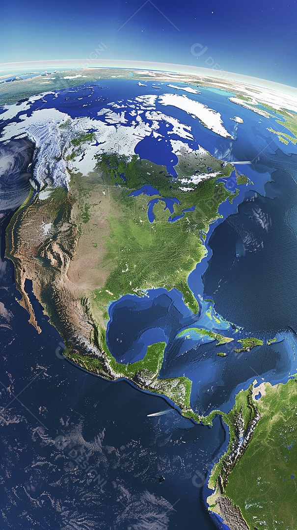 Uma imagem aérea do continente da América do Norte