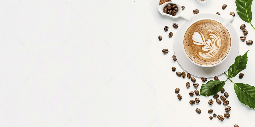 Uma xícara de cappuccino com alguns grãos de café torrados e uma folha de uma planta de café sobre fundo branco