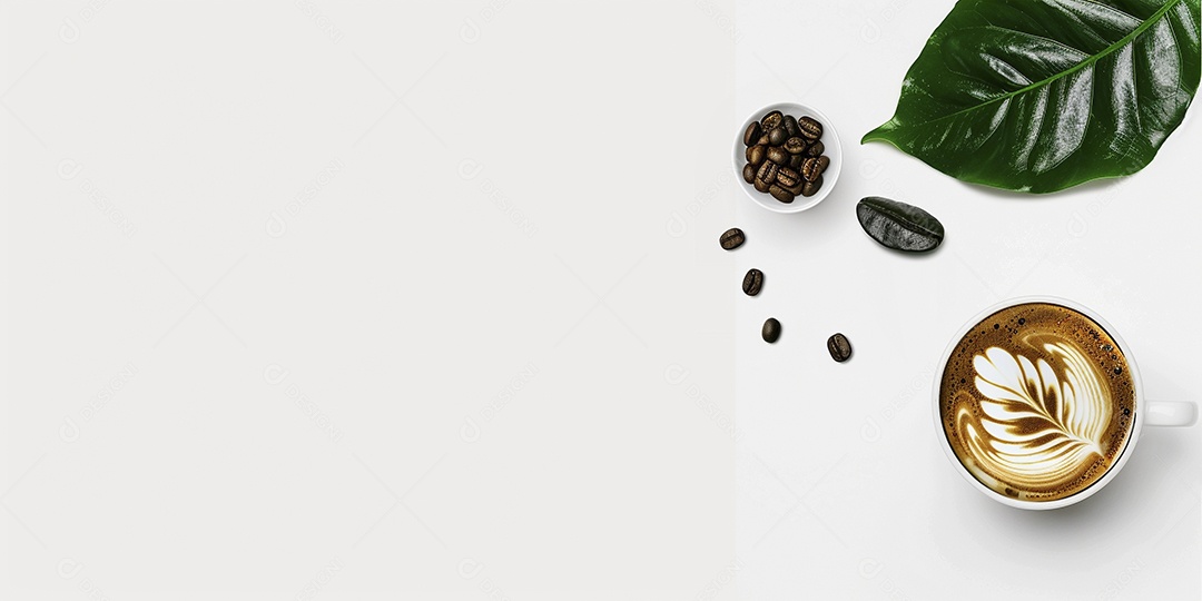 Uma xícara de cappuccino com alguns grãos de café torrados e uma folha de uma planta de café sobre fundo branco