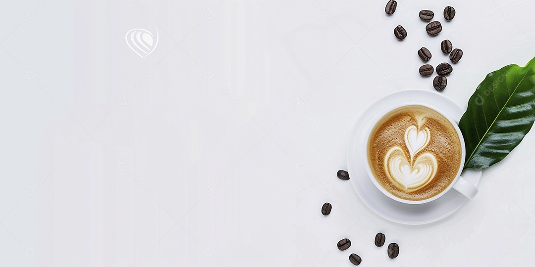 Uma xícara de cappuccino com alguns grãos de café torrados e uma folha de uma planta de café sobre fundo branco