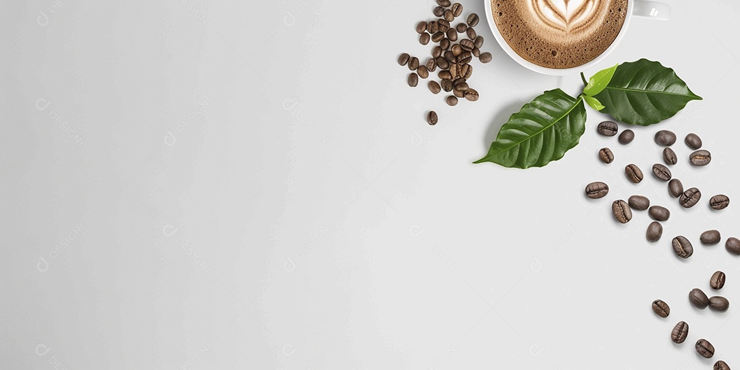 Uma xícara de cappuccino com alguns grãos de café torrados e uma folha de uma planta de café sobre fundo branco