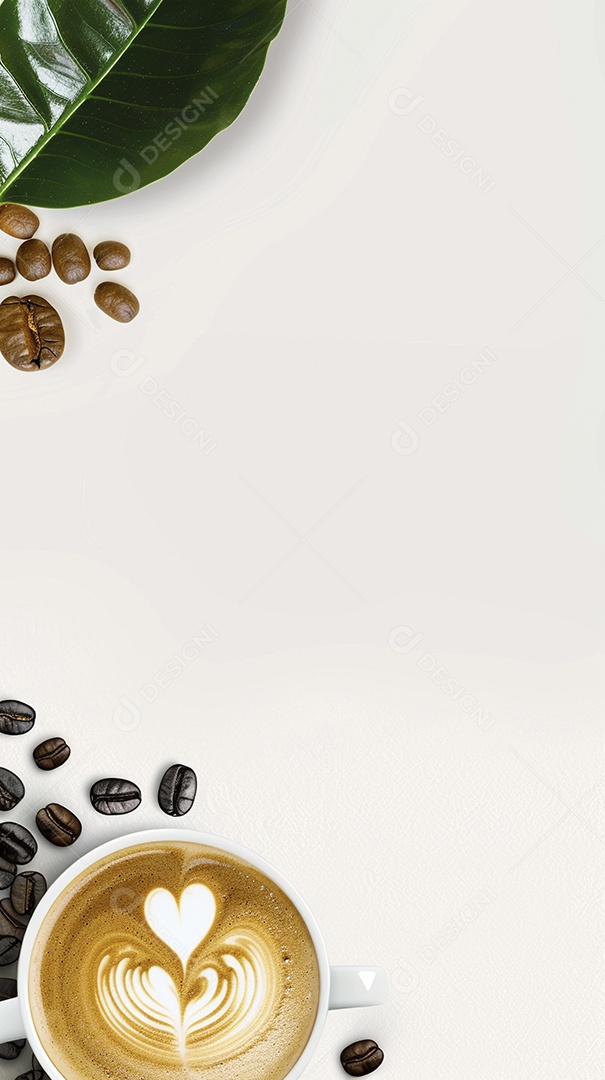 Uma xícara de cappuccino com alguns grãos de café torrados e uma folha de uma planta de café sobre fundo branco