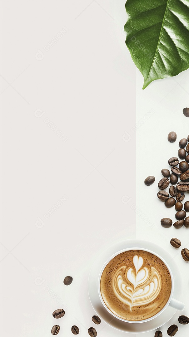 Uma xícara de cappuccino com alguns grãos de café torrados e uma folha de uma planta de café sobre fundo branco