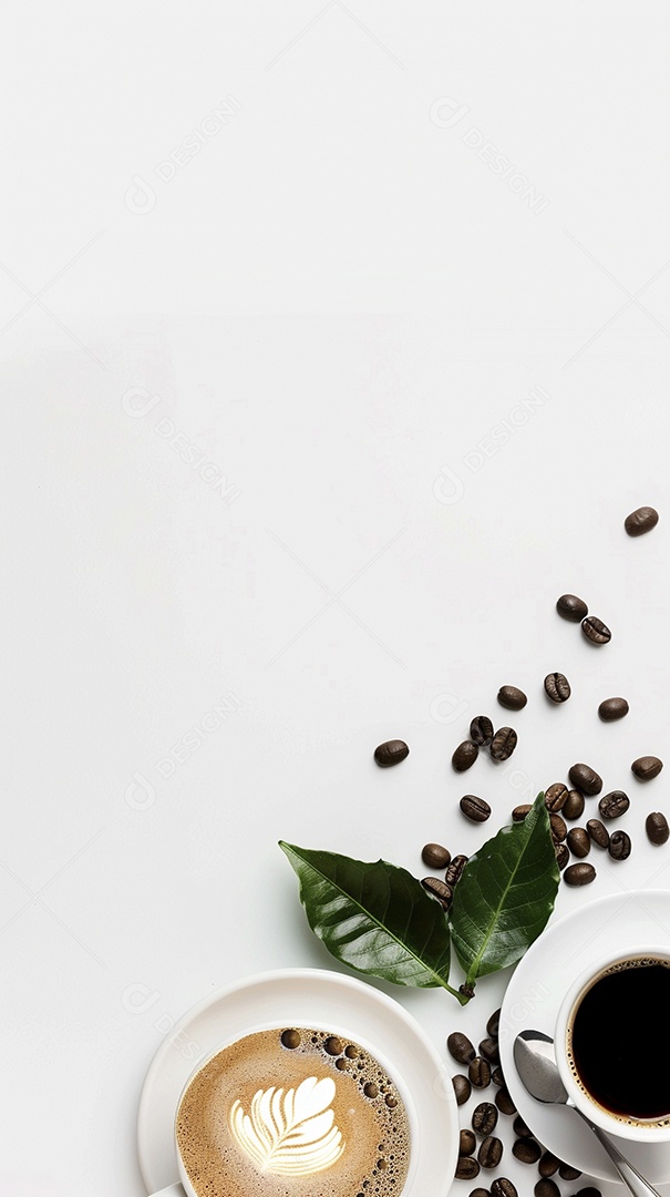 Uma xícara de cappuccino com alguns grãos de café torrados e uma folha de uma planta de café sobre fundo branco