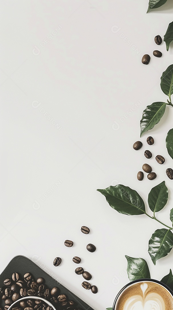 Uma xícara de cappuccino com alguns grãos de café torrados e uma folha de uma planta de café sobre fundo branco