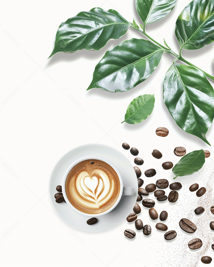 Uma xícara de cappuccino com alguns grãos de café torrados e uma folha de uma planta de café sobre fundo branco