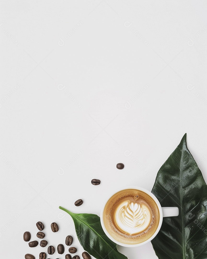 Uma xícara de cappuccino com alguns grãos de café torrados e uma folha de uma planta de café sobre fundo branco