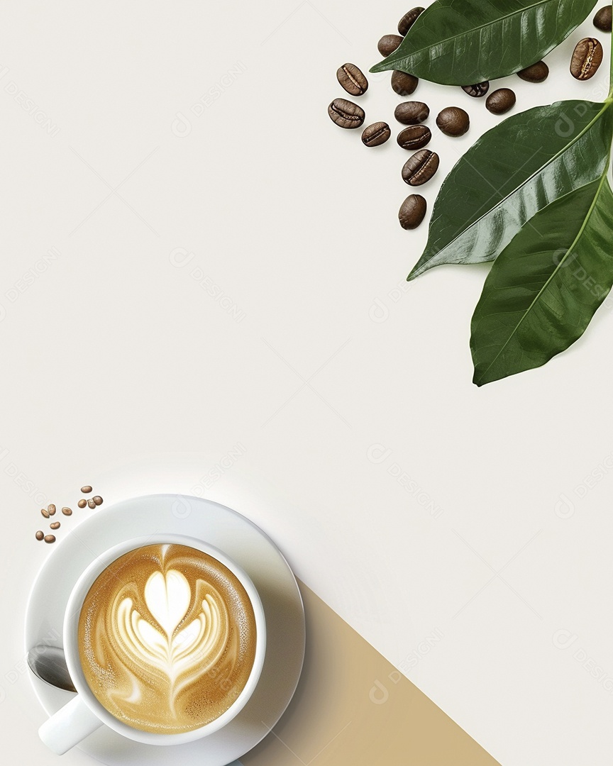 Uma xícara de cappuccino com alguns grãos de café torrados e uma folha de uma planta de café sobre fundo branco