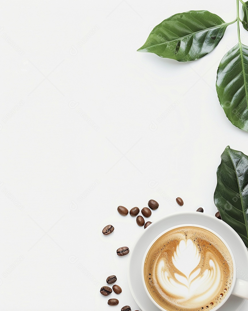 Uma xícara de cappuccino com alguns grãos de café torrados e uma folha de uma planta de café sobre fundo branco