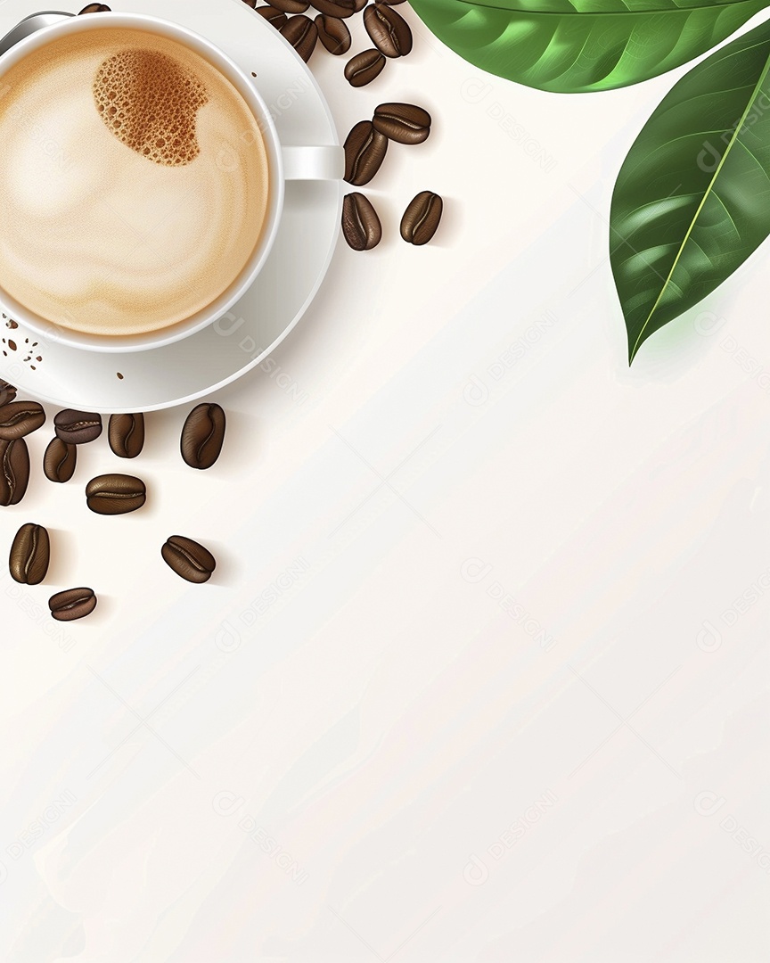 Uma xícara de cappuccino com alguns grãos de café torrados e uma folha de uma planta de café sobre fundo branco