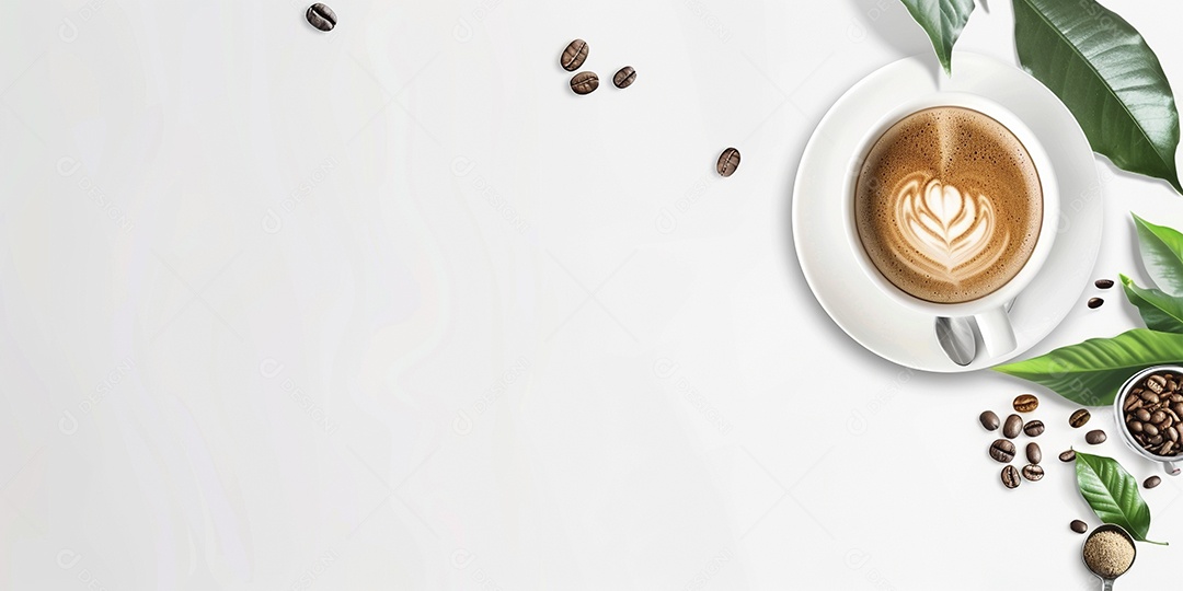 Uma xícara de cappuccino com alguns grãos de café torrados e uma folha de uma planta de café sobre fundo branco