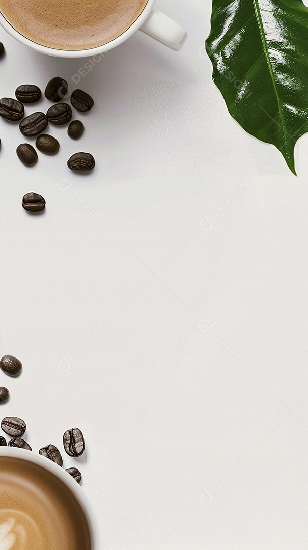 Uma xícara de cappuccino com alguns grãos de café torrados e uma folha de uma planta de café sobre fundo branco