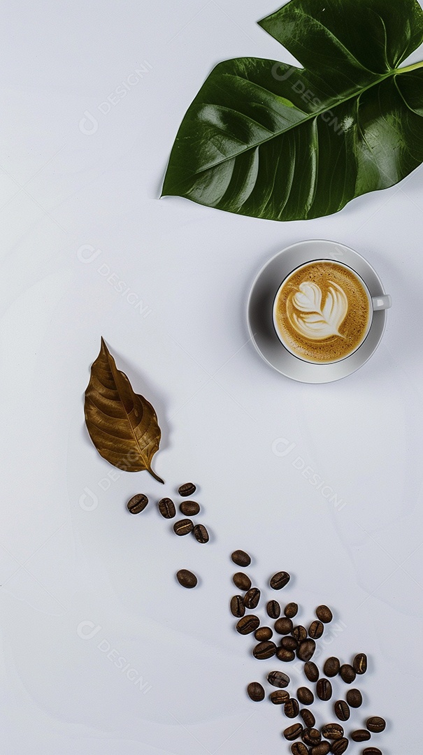 Uma xícara de cappuccino com alguns grãos de café torrados e uma folha de uma planta de café sobre fundo branco