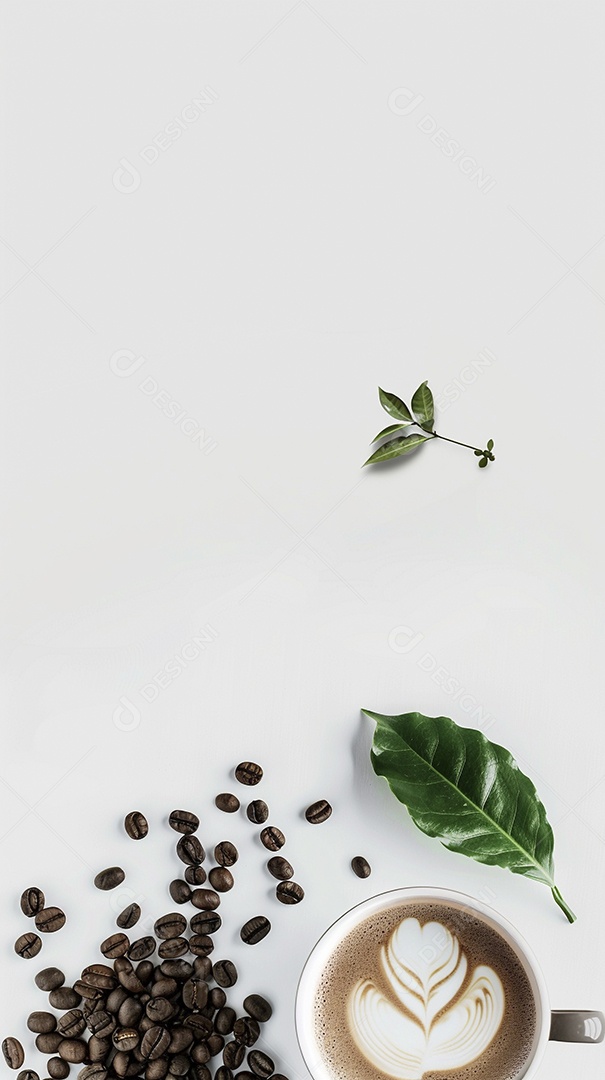 Uma xícara de cappuccino com alguns grãos de café torrados e uma folha de uma planta de café sobre fundo branco