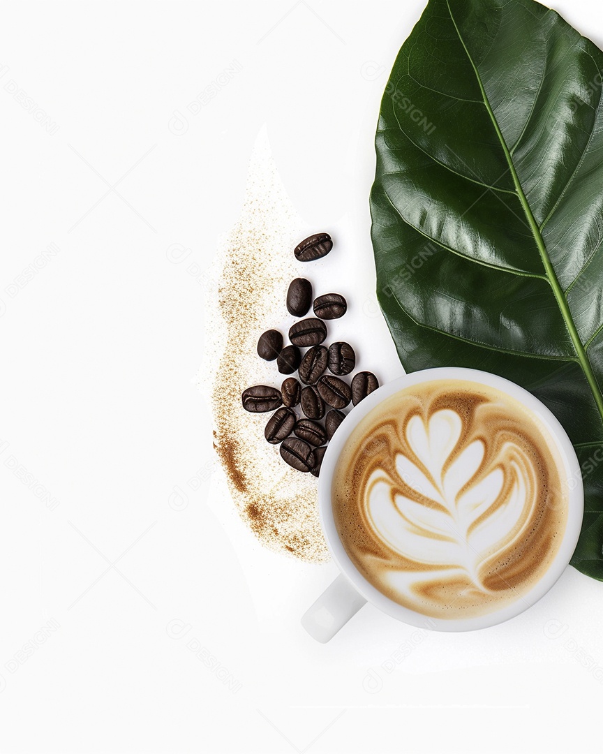 Uma xícara de cappuccino com alguns grãos de café torrados e uma folha de uma planta de café sobre fundo branco
