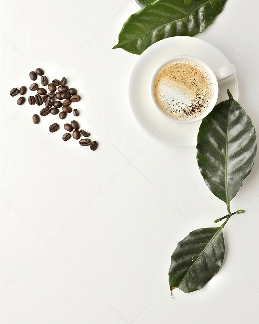 Uma xícara de cappuccino com alguns grãos de café torrados e uma folha de uma planta de café sobre fundo branco