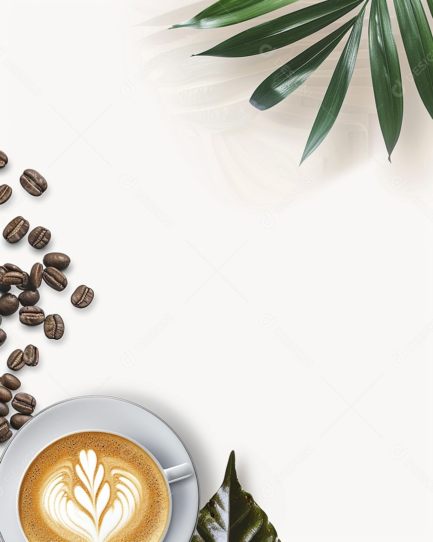 Uma xícara de cappuccino com alguns grãos de café torrados e uma folha de uma planta de café sobre fundo branco