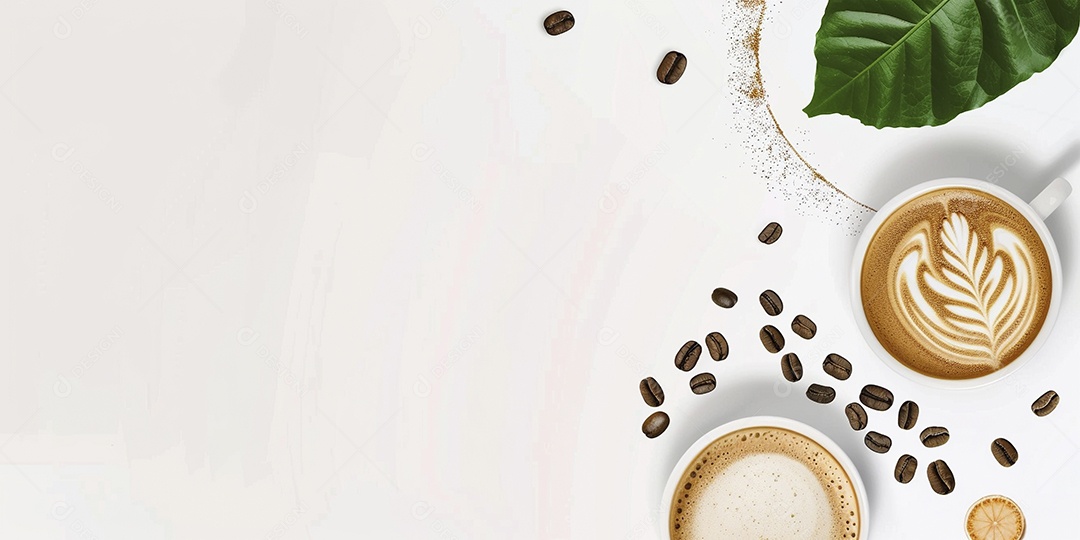 Uma xícara de cappuccino com alguns grãos de café torrados e uma folha de uma planta de café sobre fundo branco