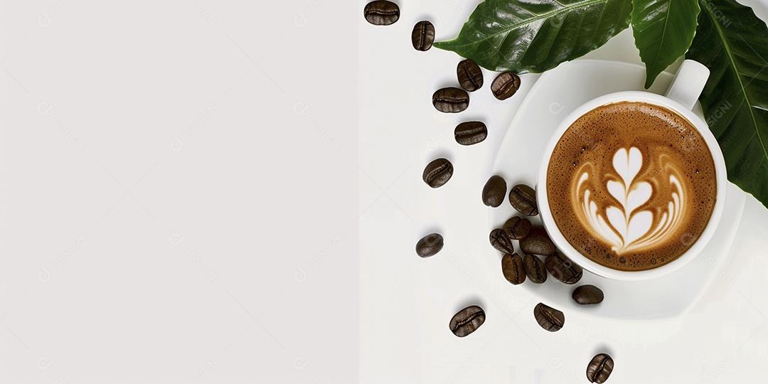 Uma xícara de cappuccino com alguns grãos de café torrados e uma folha de uma planta de café sobre fundo branco