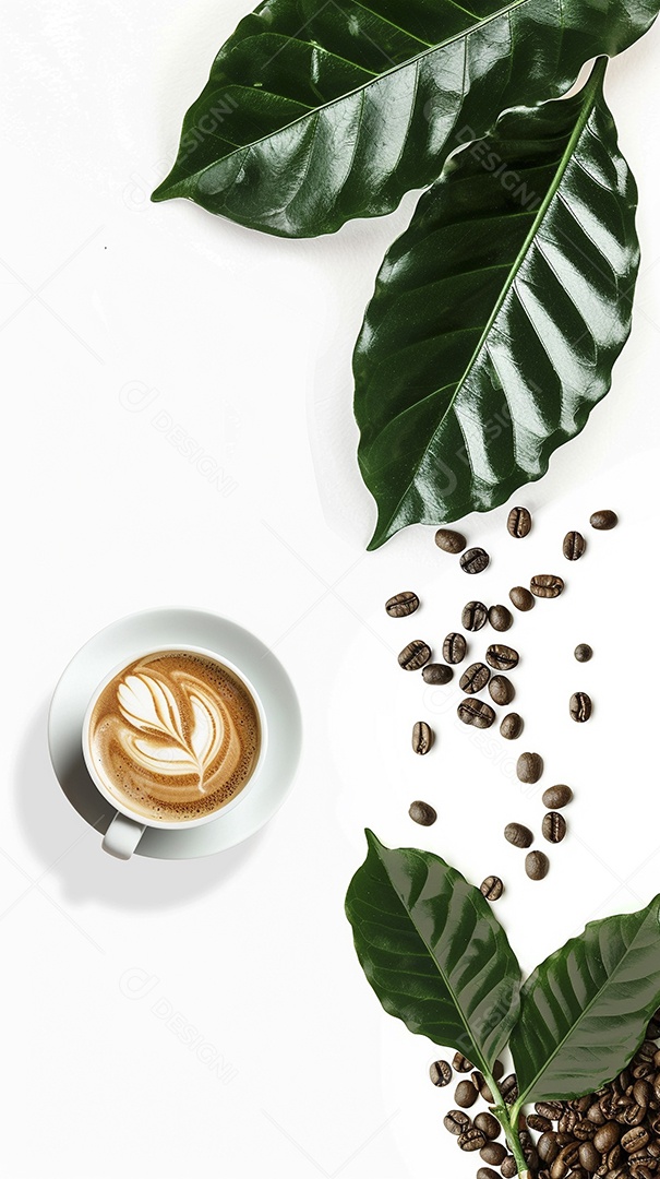 Uma xícara de cappuccino com alguns grãos de café torrados e uma folha de uma planta de café sobre fundo branco